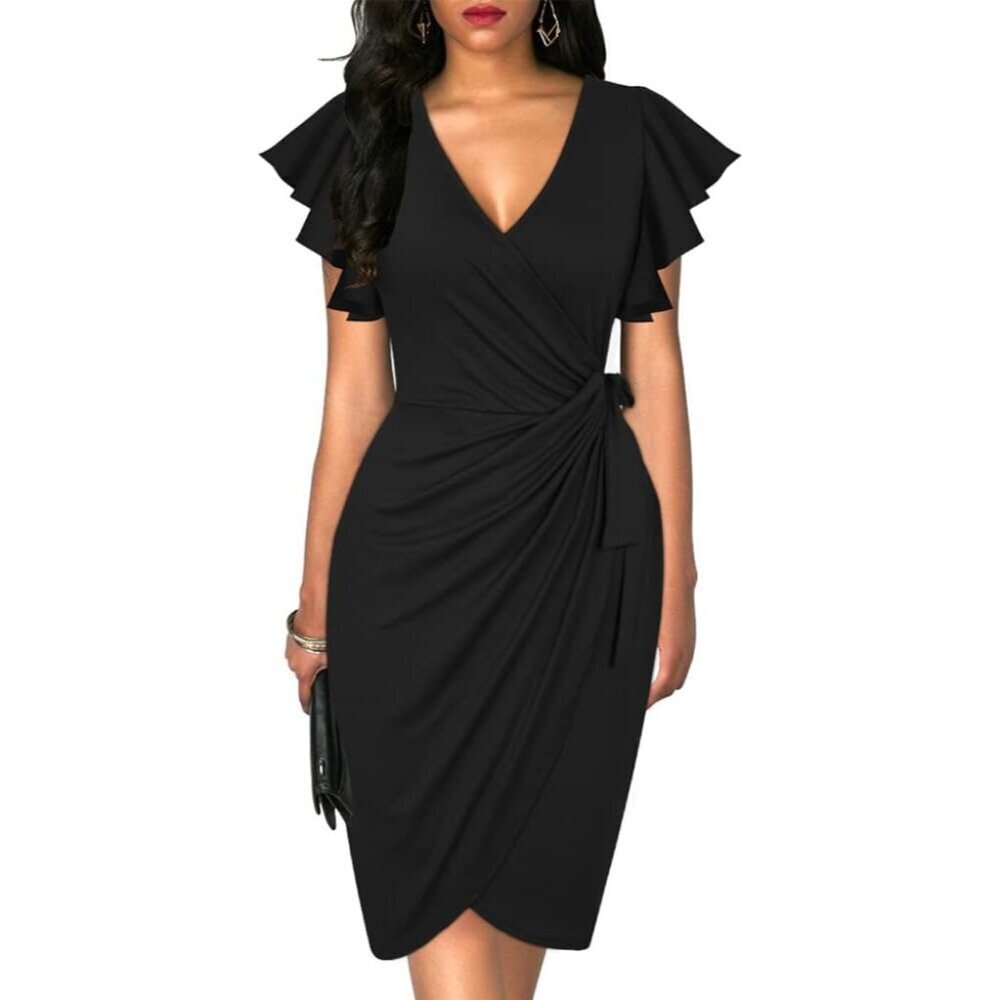 Womens Faux Wrap Dress Deep V Neck Ruffle Sleeve Business Casual